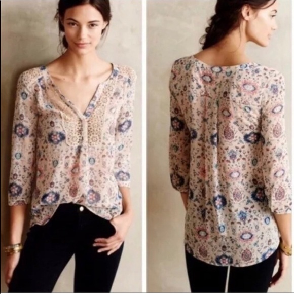 Anthropologie Tops - Maeve Paisley Crochet Trim Hi Low Hem Top